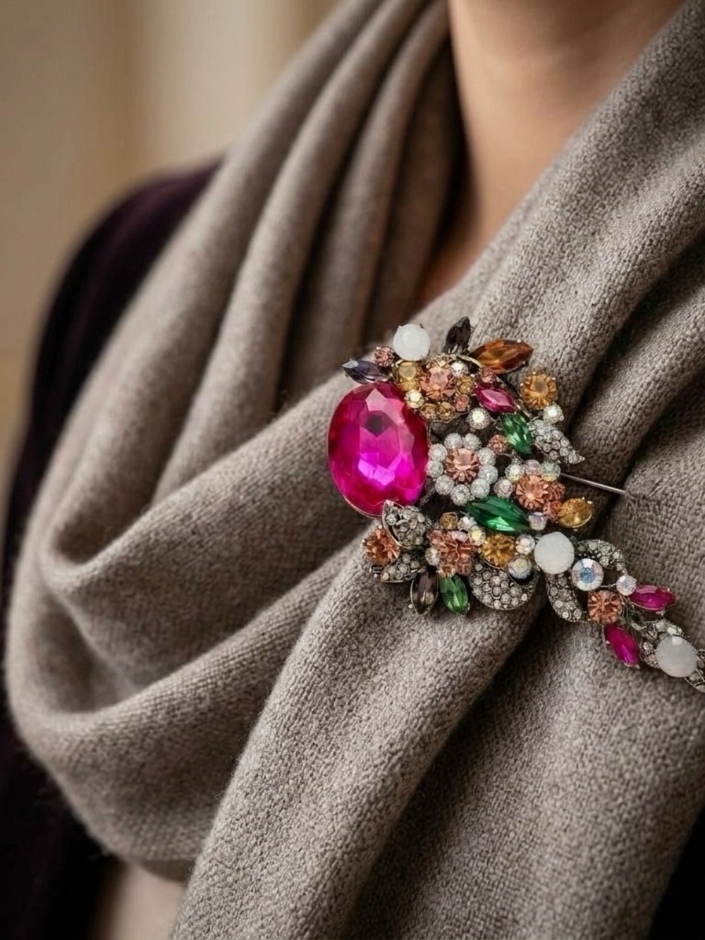 Aratta Fuchsia Multicolor Crystal Floral Brooch - Women Jewelry - Picture 2 of 6